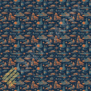 May include: A seamless pattern featuring a variety of spacecrafts and other space-related imagery. The pattern is set against a dark blue background and features orange and blue color accents.