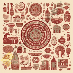 May include: A colorful illustration with a red, white, and green color scheme. The illustration features a variety of objects, including houses, plants, and geometric shapes. The text "COYPPTO" is featured in the center of the illustration.