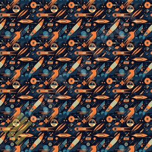 May include: A seamless pattern with a geometric design featuring orange, blue and white shapes on a dark blue background.