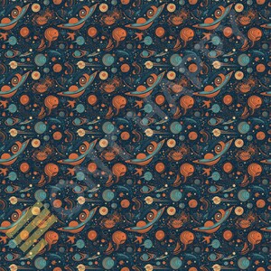 May include: A seamless pattern featuring a dark blue background with a repeating design of planets, stars, and spaceships in shades of orange, blue, and yellow.