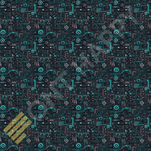 May include: A seamless pattern featuring a complex, intricate design of teal and white circuit boards on a black background.