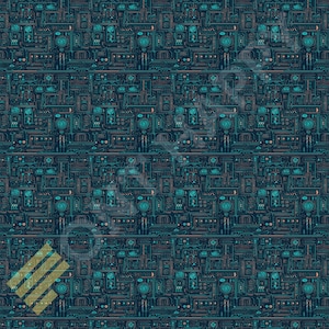 May include: A repeating pattern of intricate, stylized circuit board designs. The design features a complex network of lines, circles, and rectangular shapes in shades of teal, copper, and navy blue, creating a technological or futuristic aesthetic.