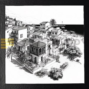 Black and White Line Drawing of an Old Mediterranean Town