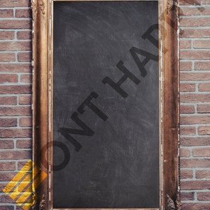 May include: A black chalkboard with a gold ornate frame, mounted on a brick wall.