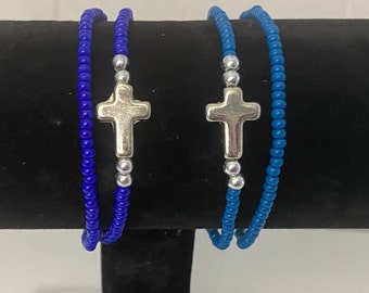 2 Piece Seed Beads Silver Cross Stackable Stretch Bracelets, Blue, Turquoise