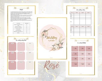 May include: A printable wedding planner with a pink and gold design. The planner includes sections for budgeting, vendor contacts, seating charts, and checklists.