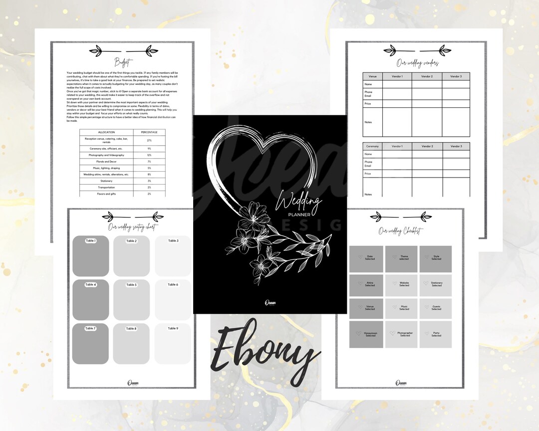 Printable PDF Wedding Planner Journal Notebook Ebony Etsy