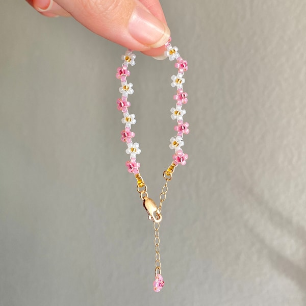 14K Gold Filled Sakura Cherry Blossom Beaded Bracelet by Bobini Studio | Dainty Beaded Bracelet, Handmade Beaded Bracelet, Gift For Her