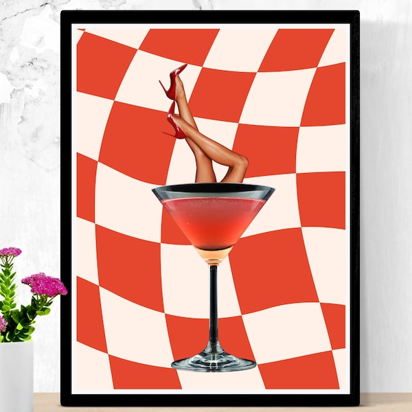 Red Cocktail Print | Trendy Bar Cart Prints, Retro Room Decor, Red Decor, Cocktail Poster, Funky Wall Art, bar cart decor, bar cart print