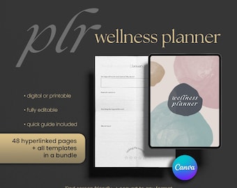 Paquete de planificador de bienestar PLR, plantilla Canva de 48 páginas, diario editable, producto digital con derechos de reventa.