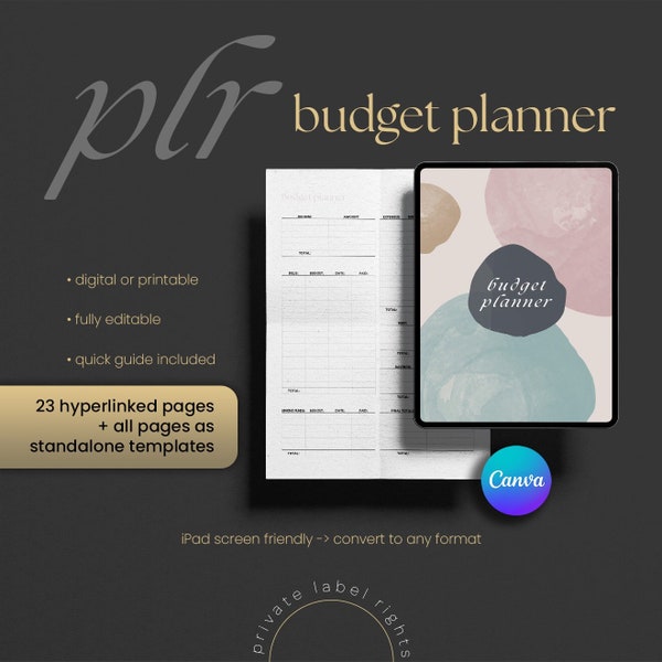 PLR Budget Planner • Hyperlinked Canva Finance Planner Template • Done for you digital product • Commercial Use, Resell Rights • Editable