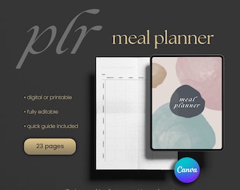 Paquete de plantillas PLR para planificador de comidas en Canva: listo para usar, con posibilidad de personalización, planificador editable y derechos de reventa de producto digital.
