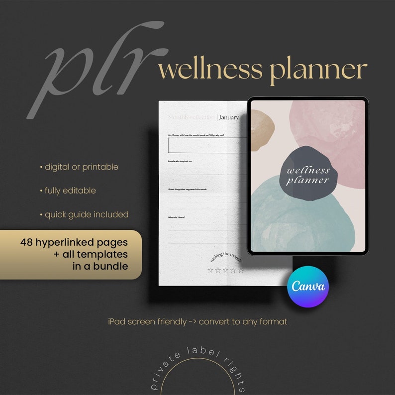 PLR Wellness Planner Bundle, 48 Page Canva Template, Editable Journal ...