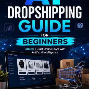 May include: A digital guide titled AI DROPSHIPPING GUIDE FOR BEGINNERS featuring a laptop displaying an online store dashboard, a miniature metal shopping cart, a notebook with a checklist, and a smartphone with an AI shopping icon on a dark background.