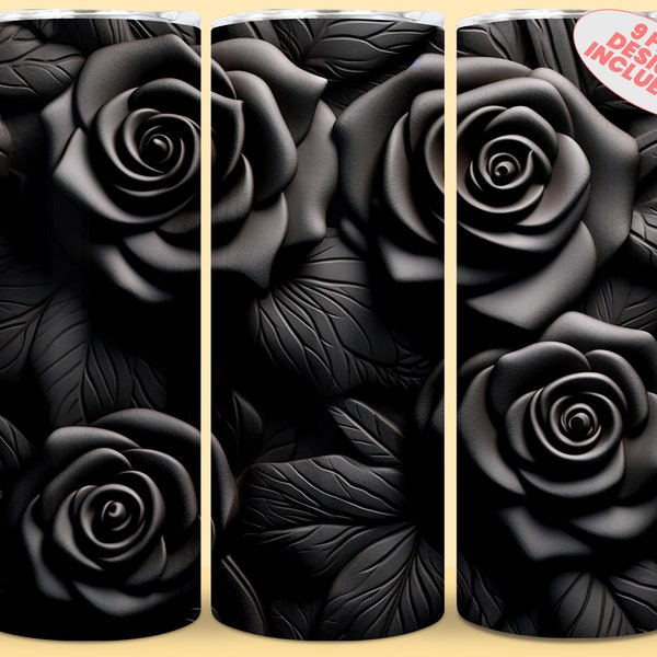 3D Black Roses Tumbler Wrap PNG 20 oz Skinny Sublimation Design Straight and Tapered Png 300 ppi High Quality