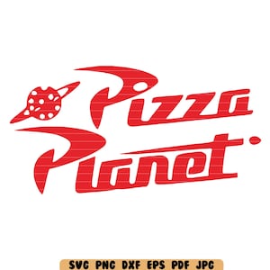 May include: Red and white logo for Pizza Planet, a fictional restaurant from the Toy Story movies. The logo features a stylized rocket ship with a pizza on the front, and the words "Pizza Planet" in a bold, red font.