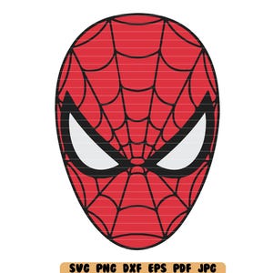 May include: A red and black Spider-Man mask design with white eye shapes. The mask features a web pattern and is a vector graphic. The bottom of the image includes the text "SVG PNG DXF EPS PDF JPG".