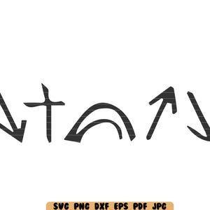 May include: Black and white graphic design with a cross, an arrow pointing up, an arrow pointing down, and an arch.