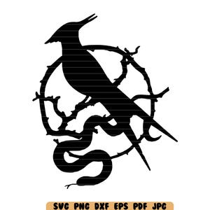 May include: Black and white silhouette of a bird with a snake wrapped around its body, set against a background of branches forming a circle.