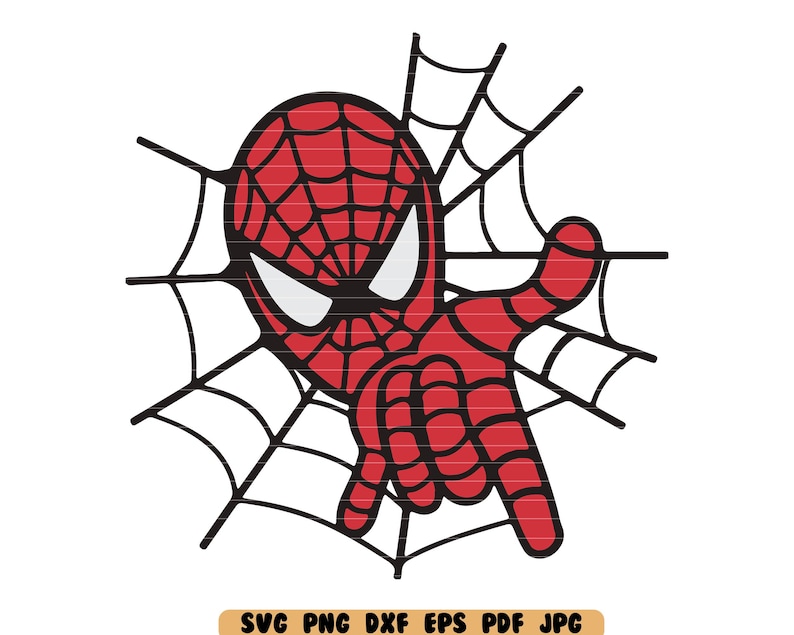 May include: A red and black cartoon superhero with a spider web design is peeking out from behind a black spider web.