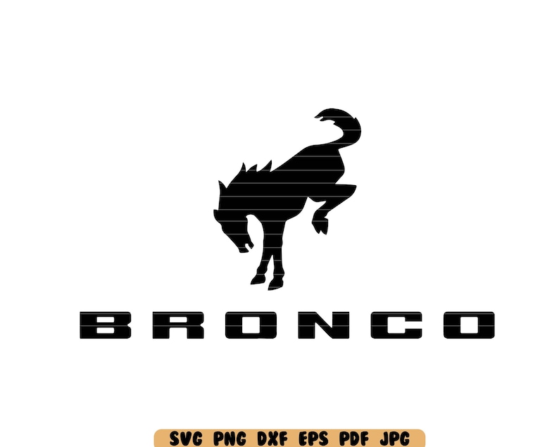 May include: Black and white silhouette of a bucking bronco with the word "BRONCO" in all caps below it.