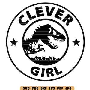 Può includere: Grafica in bianco e nero di un dinosauro con il testo "Clever Girl" in un cerchio attorno ad esso.