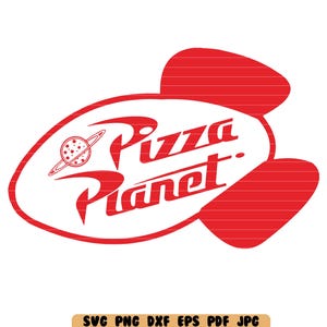 May include: Red and white Pizza Planet logo. The design features a stylized rocket shape with the words "Pizza Planet" in red, along with a planet and ring graphic. The logo is a vector graphic.