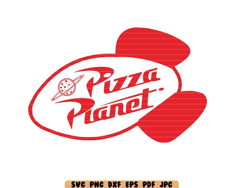 May include: Red and white Pizza Planet logo. The design features a stylized rocket shape with the words "Pizza Planet" in red, along with a planet and ring graphic. The logo is a vector graphic.