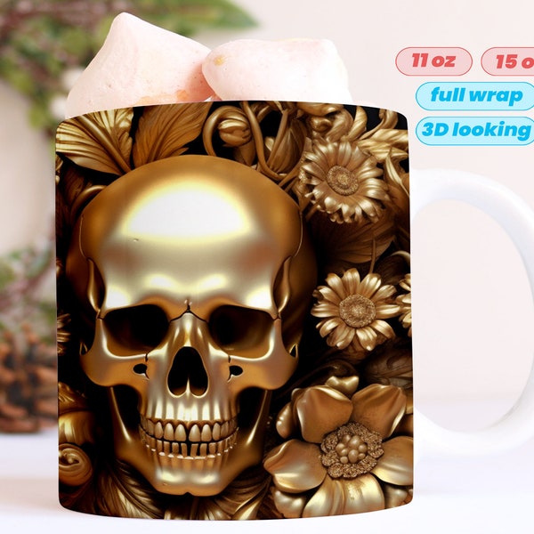 3D Goldene Schädel Blume Becher Wrap Sublimation Design PNG | 15oz 11oz 300 Dpi | Sofort Download |