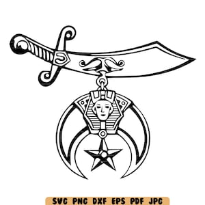 May include: A black and white line art illustration of a crescent moon and star with a stylized human face inside the crescent. A sword with a curved blade is attached to the top of the crescent.