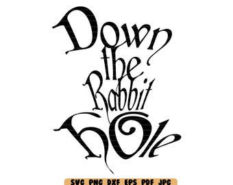 Puede incluir: Diseño gráfico en blanco y negro con el texto "Down the Rabbit Hole".