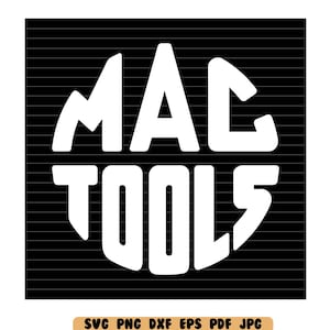 Könnte beinhalten: Weißer Text auf schwarzem Hintergrund, der "MAC TOOLS" in einer fetten, stilisierten Schrift liest.