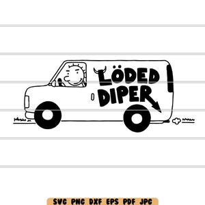 May include: A black and white line drawing of a van with the words "LÖDED DIPER" written on the side. A cartoon character is driving the van.