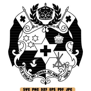May include: Black and white illustration of a coat of arms with a crown, swords, and the words "Ko e Otua mo Tonga ko Hoku Tofia".