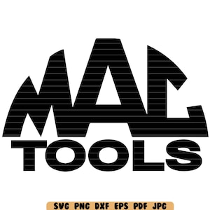 May include: Black and white logo design for Mac Tools. The logo features the word "MAC" in a stylised font with a striped pattern and the word "TOOLS" below it.