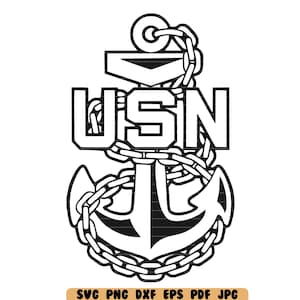 May include: Black and white illustration of an anchor with a chain wrapped around it. The anchor has the letters "USN" written on it.