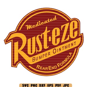 Puede incluir: Un logotipo circular rojo y dorado con el texto "Rust-eze Medicated Bumper Ointment Rear End Formula".