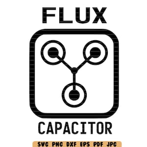 May include: Black and white graphic design of a flux capacitor with the text "FLUX CAPACITOR" below. The design includes three circles connected by lines, representing the capacitor.
