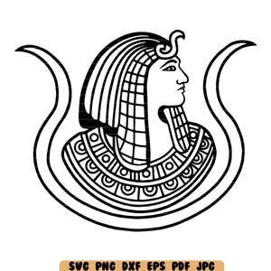 May include: Black and white line art illustration of an Egyptian pharaoh wearing a headdress with a cobra on top. The pharaoh is facing right and has a detailed headdress and necklace.