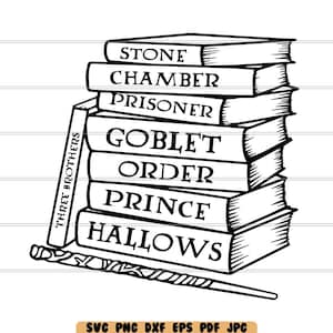 May include: A black and white illustration of a stack of books with the titles of the Harry Potter books: "Harry Potter and the Sorcerer's Stone", "Harry Potter and the Chamber of Secrets", "Harry Potter and the Prisoner of Azkaban", "Harry Potter and the Goblet of Fire", "Harry Potter and the Order of the Phoenix", "Harry Potter and the Half-Blood Prince", and "Harry Potter and the Deathly Hallows". A wand is lying in front of the books.
