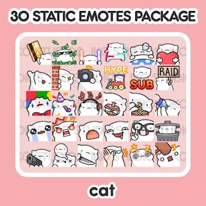May include: A set of 30 static cat emotes for Twitch or Discord. The emotes feature a white cat with different expressions and accessories, including a party hat, sunglasses, and a microphone. The emotes are arranged in a grid with the text "30 STATIC EMOTES PACKAGE" at the top and "cat" at the bottom.