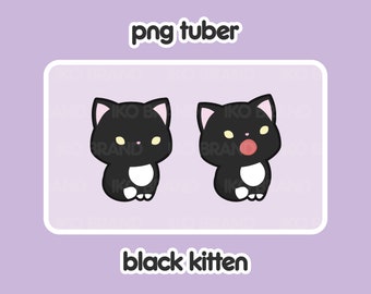 May include: Two black kittens with white markings are sitting side by side. The kitten on the left has a neutral expression, while the kitten on the right has its mouth open and tongue sticking out.