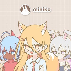 May include: A digital illustration featuring five anime-style characters with diverse hair colors and animal-like features, positioned below a circular logo with a white rabbit icon and the text miniko in a brown, grid-patterned background.