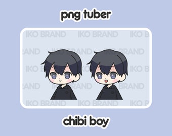 May include: A digital illustration of a chibi boy with black hair and a black hoodie. The boy has two different expressions, one with a smile and the other with an open mouth. The image has the text "png tuber" and "chibi boy" on it.