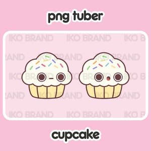 May include: Two cartoon cupcakes with white frosting and colorful sprinkles. The cupcakes have googly eyes and different facial expressions. The text "png tuber" and "cupcake" are written below the cupcakes.