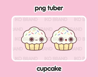 May include: Two cartoon cupcakes with white frosting and colorful sprinkles. The cupcakes have googly eyes and different facial expressions. The text "png tuber" and "cupcake" are written below the cupcakes.