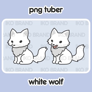 May include: Two cartoon white wolves with gray fur around their necks. The wolf on the left has its mouth closed, while the wolf on the right has its mouth open and tongue sticking out. The wolves are sitting on a light blue background with the text "png tuber" and "IKO BRAND" repeated.