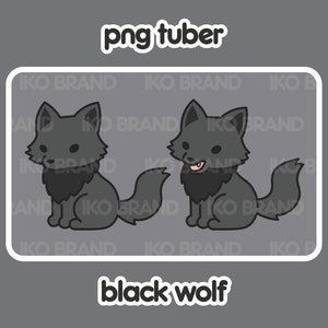 May include: Two cartoon black wolves with white outlines, sitting side-by-side. The wolf on the left has its mouth closed, while the wolf on the right has its mouth open and tongue sticking out. The text "png tuber" is above the wolves, and the text "black wolf" is below them.