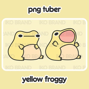 May include: Two yellow cartoon frogs with black outlines. The frog on the left has its mouth closed and the frog on the right has its mouth open. The text "png tuber" and "yellow froggy" is below the frogs.