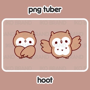 May include: Two cartoon owls with brown feathers and white bellies. One owl is standing with its wings spread out, while the other is standing with its wings folded. The text "png tuber" and "hoot" are below the owls.